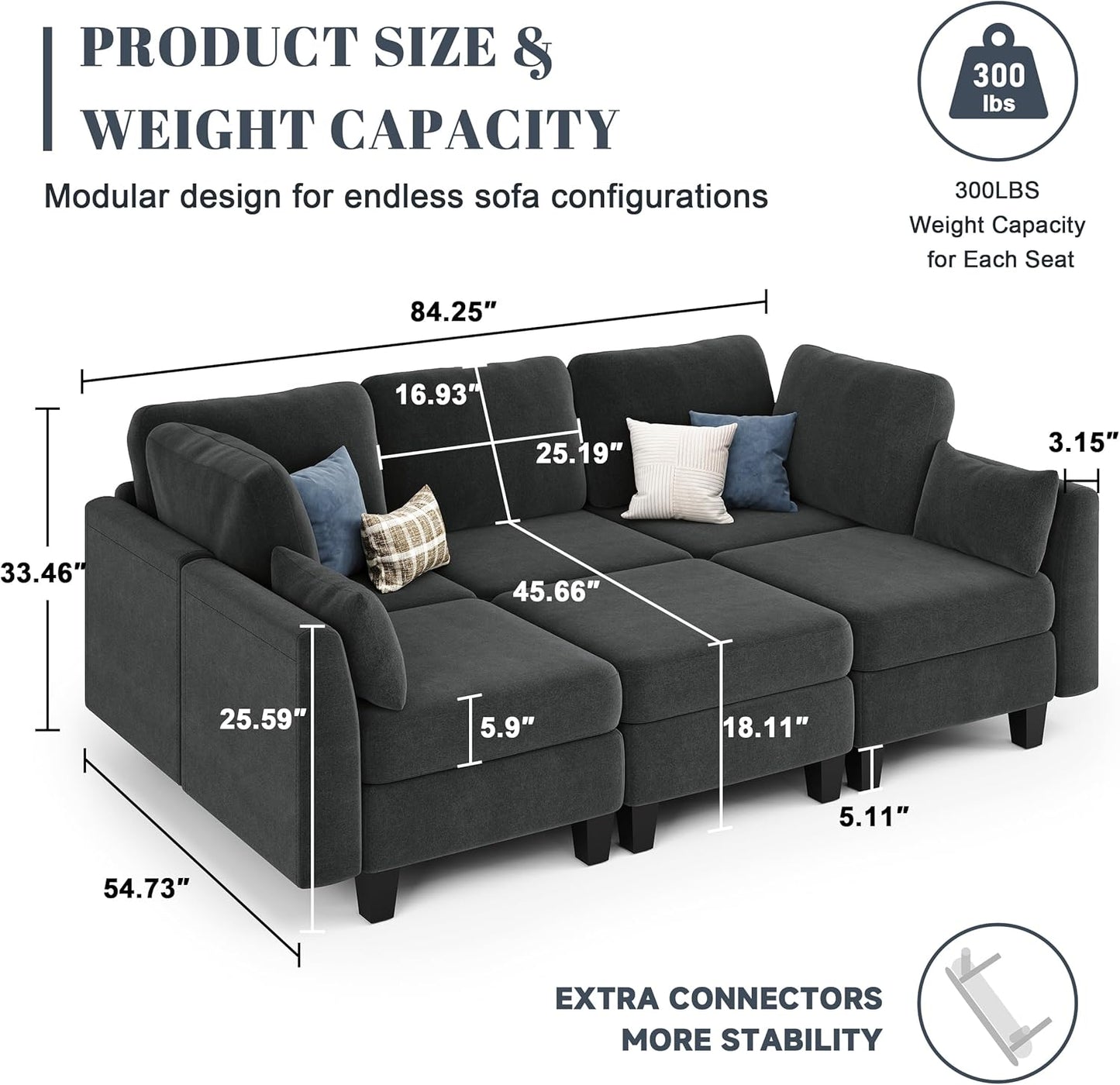 Sectional Sleeper Sofa, 6 Seaters Modular Sleeper Sofa Couch, Comfy Sectionals Couches Bed, Convertible Sofas with Ottomans, Modular Sectional Couches for Living Room, Dark Grey