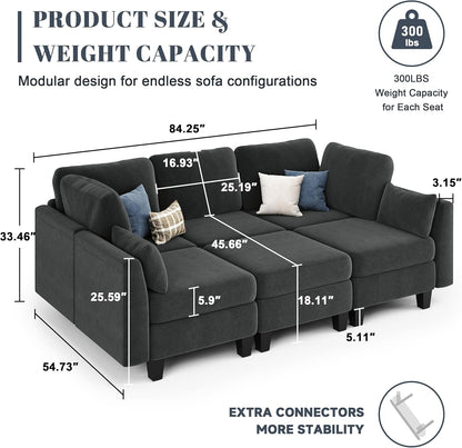Sectional Sleeper Sofa, 6 Seaters Modular Sleeper Sofa Couch, Comfy Sectionals Couches Bed, Convertible Sofas with Ottomans, Modular Sectional Couches for Living Room, Dark Grey