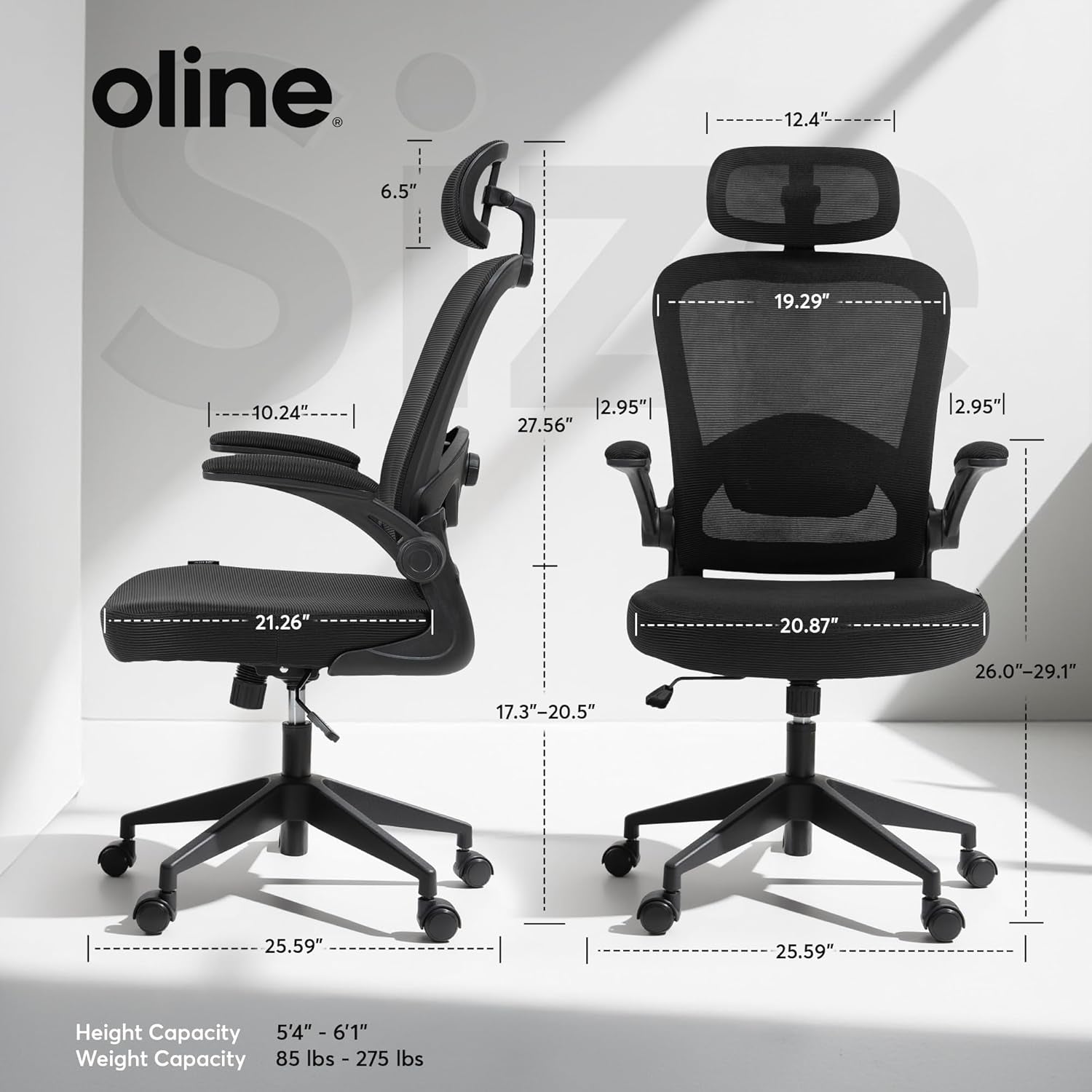 Ergoair Ergonomic Office Chair – Adjustable Lumbar Support, Flip-Up Armrests, Mesh Computer Desk Chair, Swivel Rolling Executive Gaming Chair for Home & Office (Black)