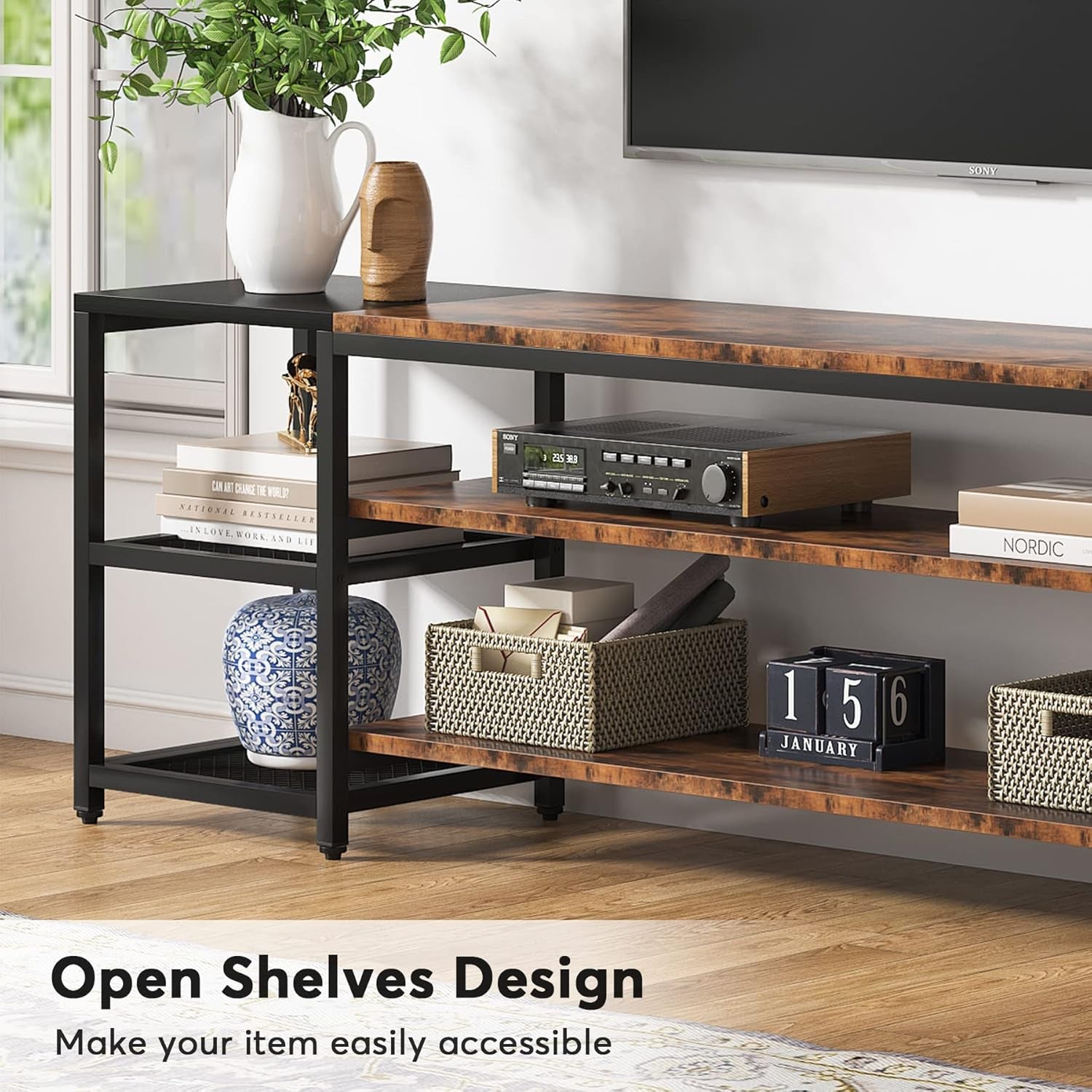 78 Inch TV Stand for Tvs up to 85 Inch, Media Entertainment Center Console Table, Industrial 3-Tier TV Console Table with Storage Shelves for Living Room, Entertainment Room