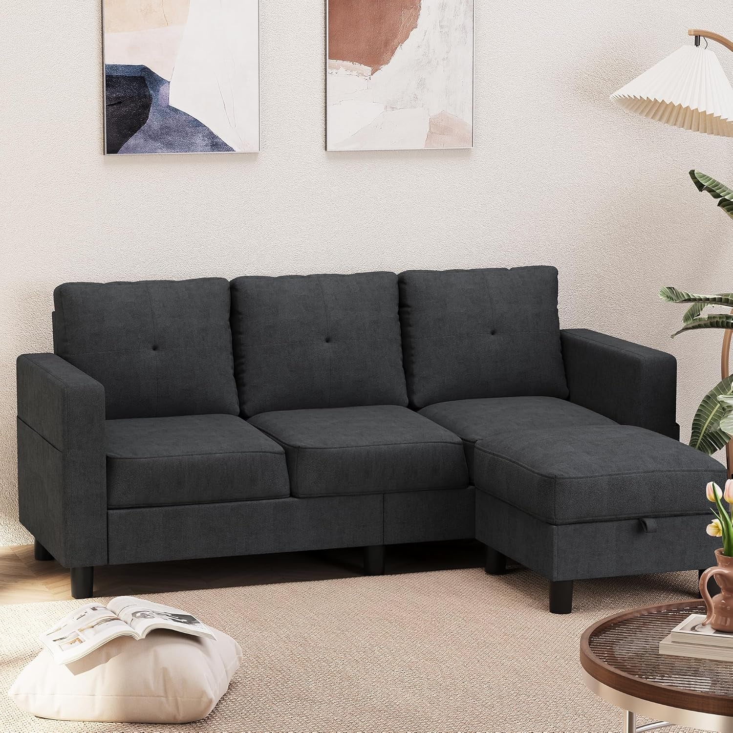 76" Modern Upholstered Sectional Sofa, L-Shaped Couch with Storage Ottoman and Reversible Chaise for Living Room, Black Linen Fabric