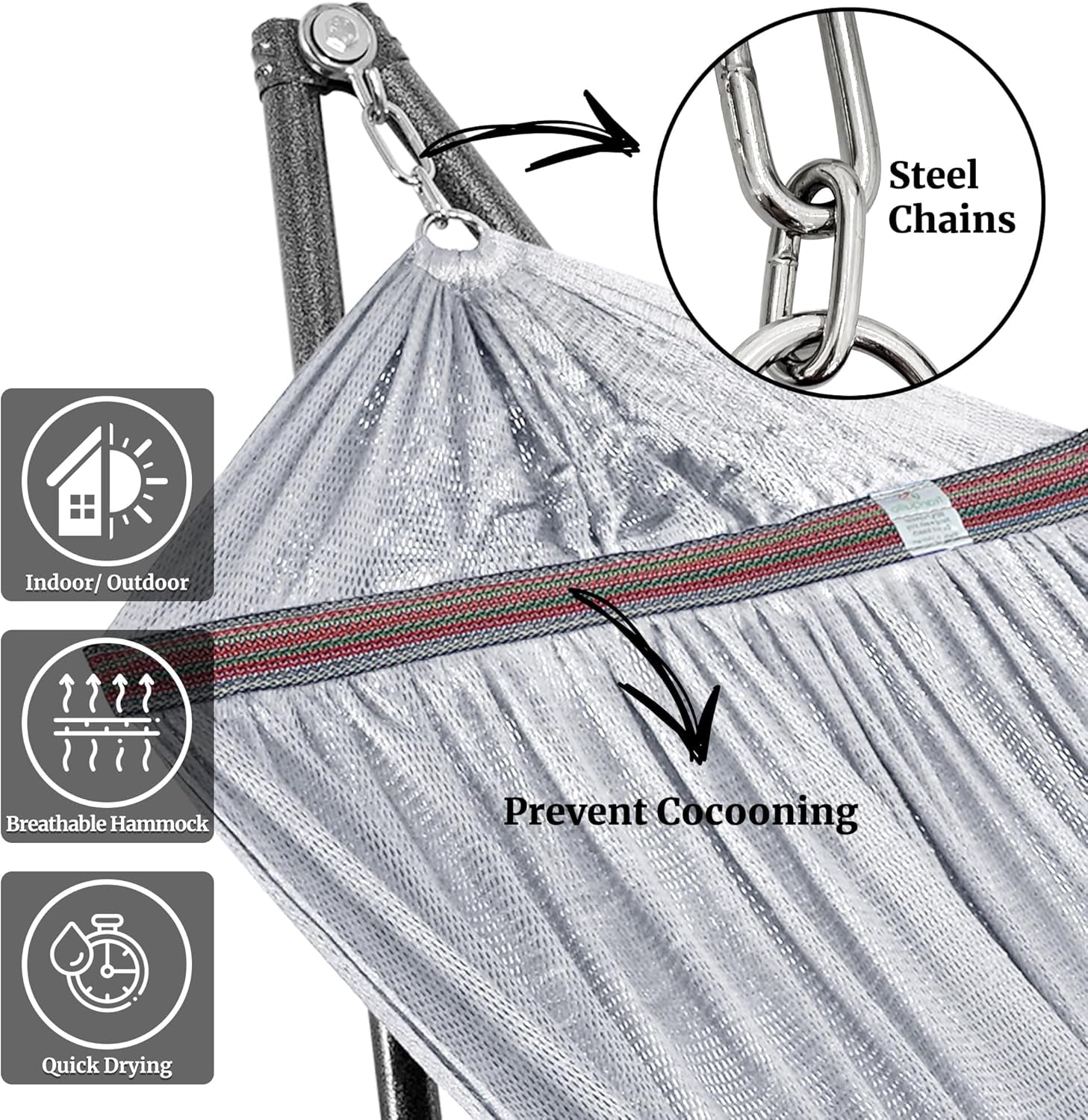 Universal Double Hammock with Stand Included for 2 Persons/Foldable Hammock Stand 600 Lbs Capacity Portable Case - Inhouse, Outdoor, Camping, Grey