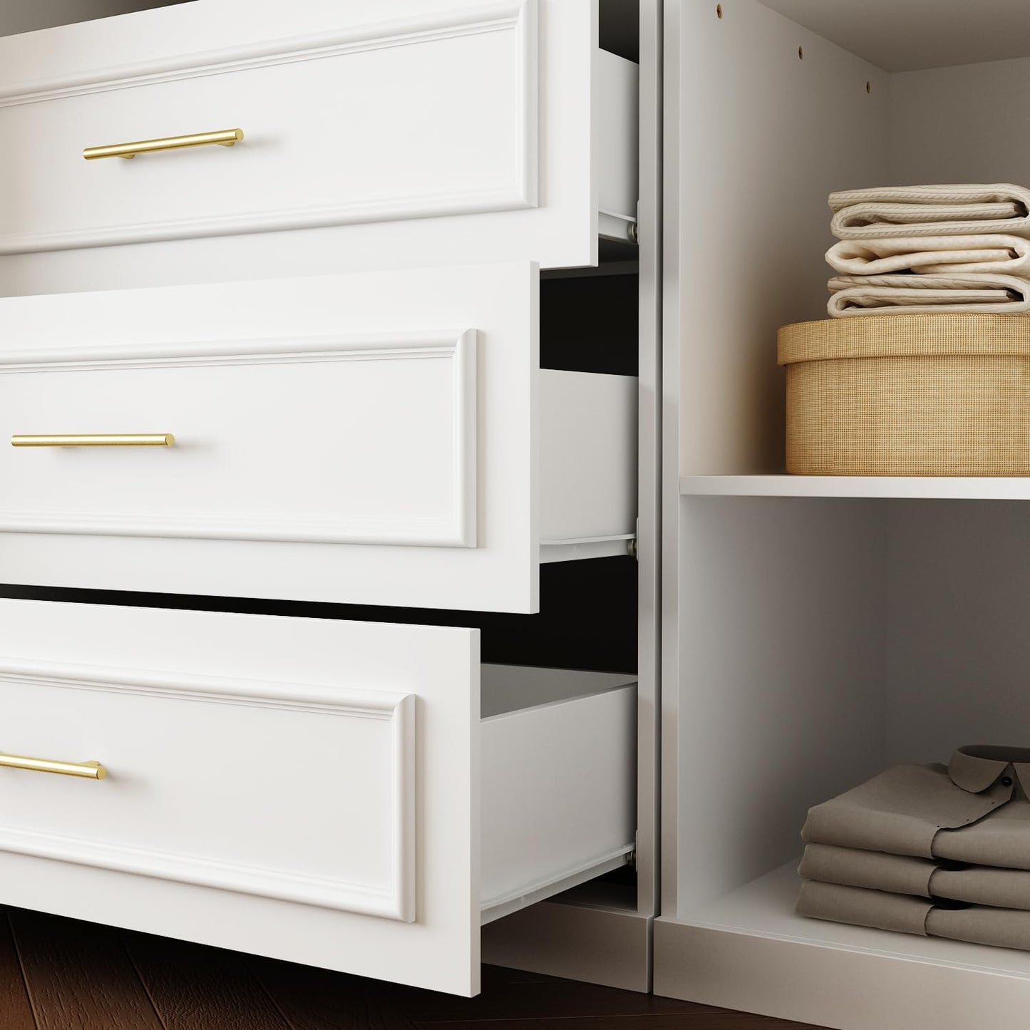 Wardrobe Closet Collection with Doors, Modern White Bedroom Armoire System with Gold Handles, Modern Clothes Storage Cabinet with Drawers, Shelves, Hanging Rods, 79.1”W X 19.3”D X 74.8”H