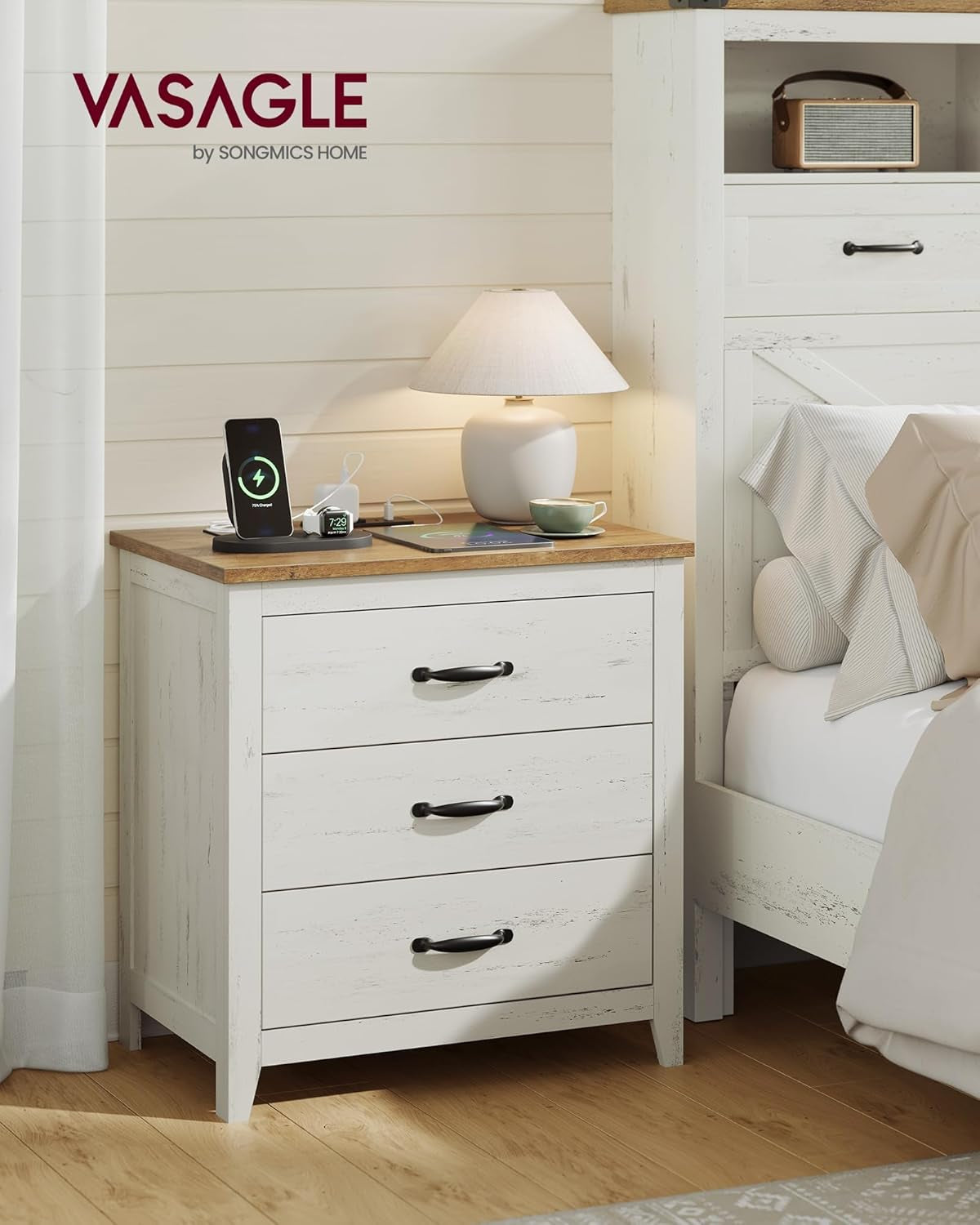LIRY Collection - Farmhouse Nightstand with Charging Station, Bedside Table, Side End Table with 3 Drawers, for Bedroom, Rustic White and Honey Brown ULET679W01