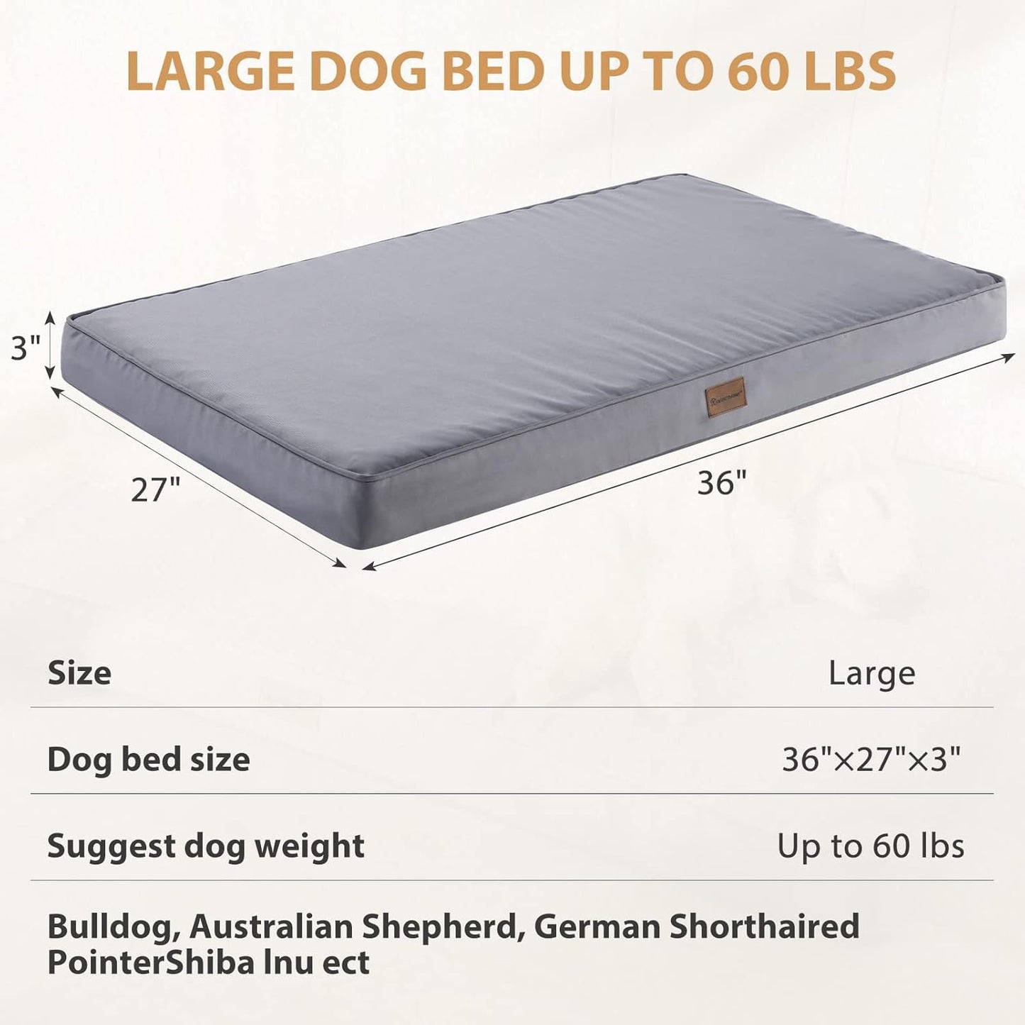 Outdoor Dog Beds for Large Dogs, Waterproof Dog Bed for Medium, Large, Extra Large Dogs, Orthopedic Pet Bed with Removable Washable Cover, Egg Crate Foam Pet Bed Mat. (36 X 27 In, Grey)