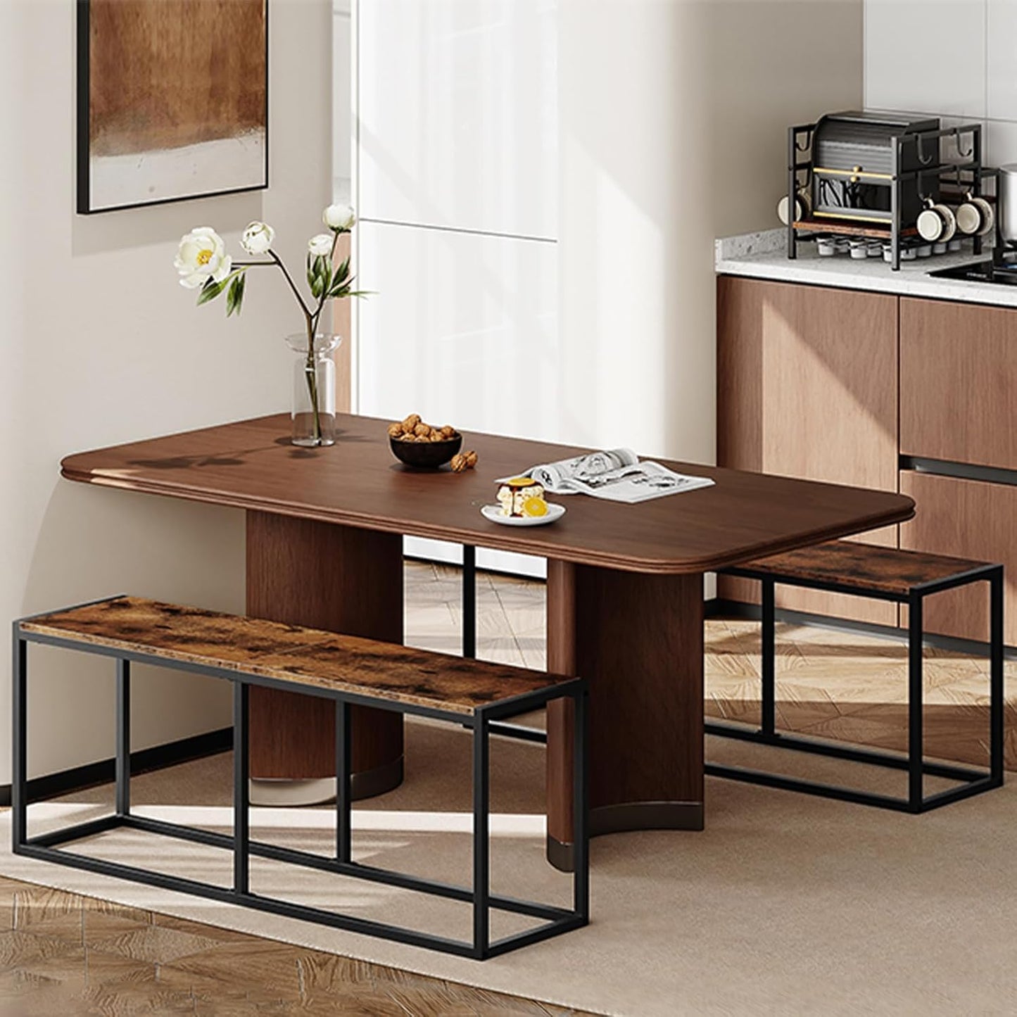 Dining Bench, 47.2 Inch Dining Table Bench, Industrial Style Kitchen Bench, Steel Frame, Easy to Assemble, for Kitchen, Dining Room, Rustic Brown and Black BF12CD01