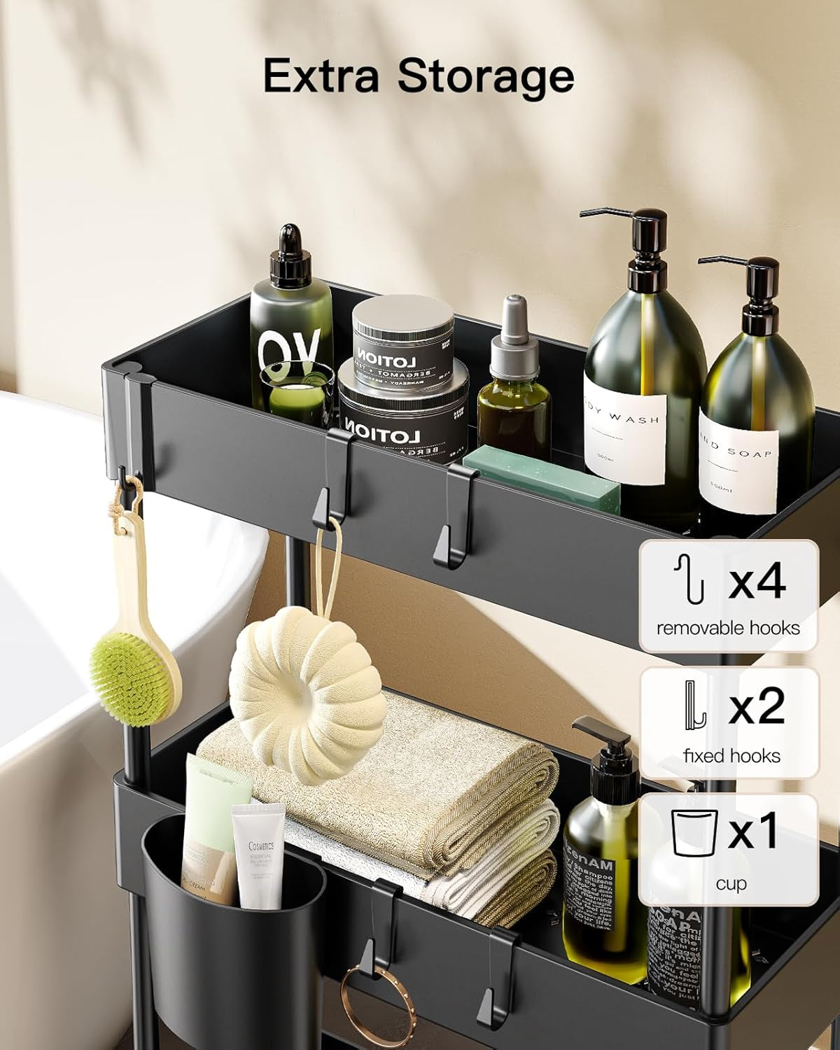 Slim Storage Cart with Wheels - 3 Tier Bathroom Organizers and Storage Cart - Rolling Carts for Bathroom, Kitchen, Narrow Space, Laundry Room,Black