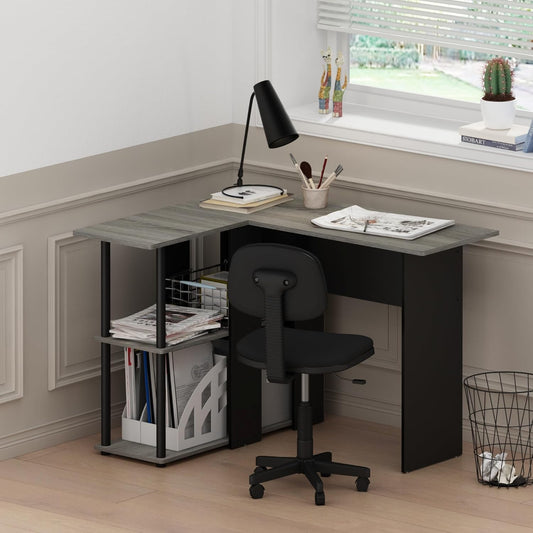 Abbott L-Shape Computer Desk with Bookshelf, French Oak Grey/Black