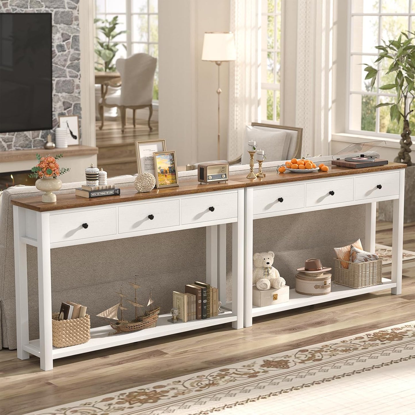 Farmhouse Console Table with 3 Drawers, 47 Inch Wood Sofa Table with Storage Shelf for Living Room, behind Couch, Entryway Table for Hallway, Living Room, or Foyer, Rustic Brown and White