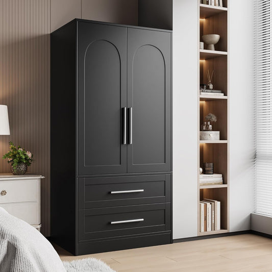 Wooden Armoire Wardrobe Closet with 2 Drawers, Clothing Storage Cabinet with Shelves Aluminum Hanging Rod, Wardrobe Storage with Strong Door Closure, Modern Bedroom Clothing Armoires, Black