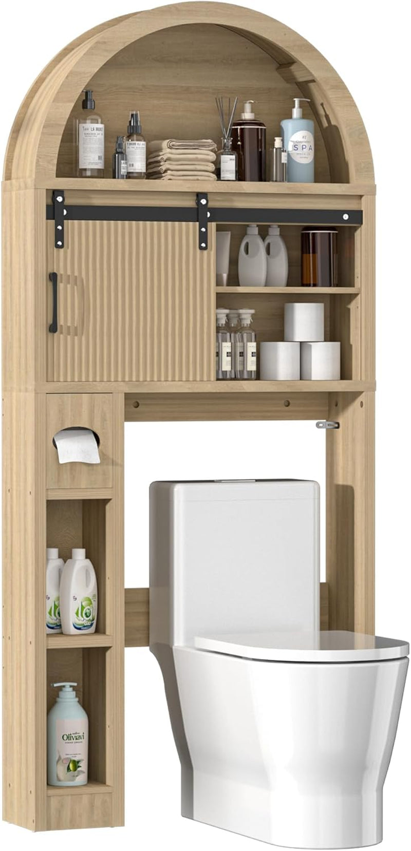 Over the Toilet Storage Cabinet, Bathroom Organizer over Toilet with Sliding Doors, Arched Storage Organizer Cabinet with Anti-Tip Device and Adjustable Shelf for Bathroom, Natural
