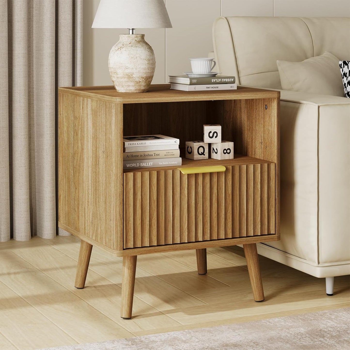 Fluted Dresser and Nightstand Set, 3 Pieces Bedroom Set, 55 Inch Wide 6-Drawer Dresser & 1-Drawer Nightstands Set of 2, Modern Dressers Set for Bedroom, Hallway, Natural Oak