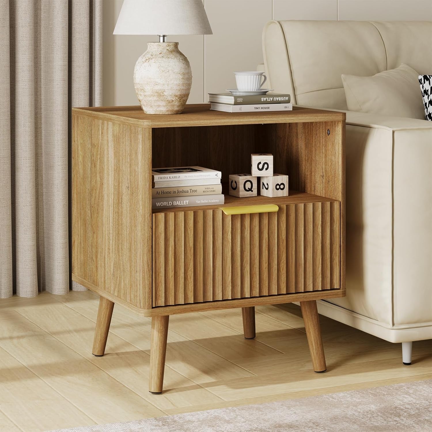 Fluted Dresser and Nightstand Set, 3 Pieces Bedroom Set, 55 Inch Wide 6-Drawer Dresser & 1-Drawer Nightstands Set of 2, Modern Dressers Set for Bedroom, Hallway, Natural Oak