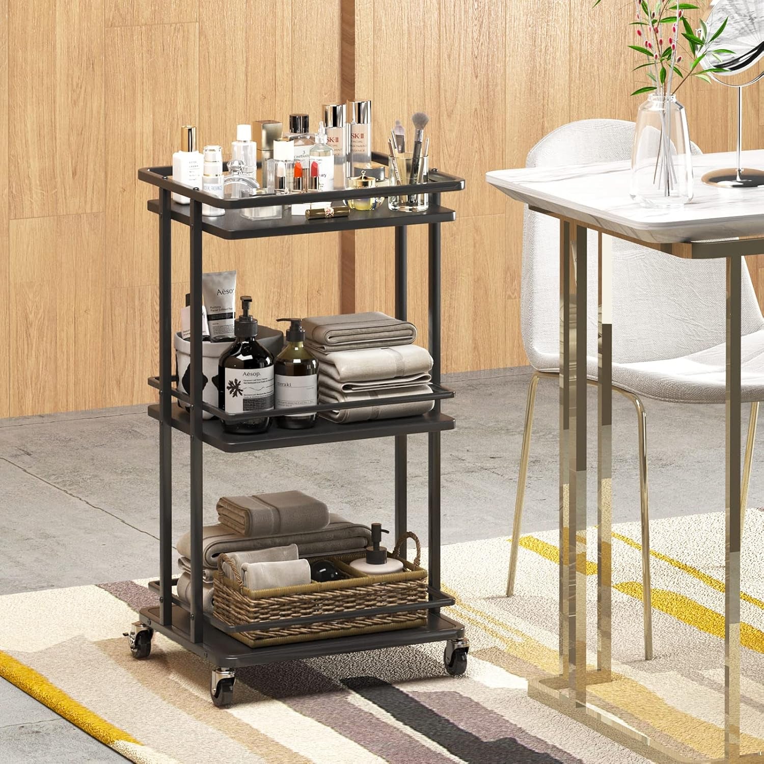 3-Tier Rolling Serving Bar Cart, Wood and Metal Kitchen Island Storage Cart with Wheels, Multifunction Utility Cart Storage Rack for Home, Kitchen, Bar, Dinning Room, Living Room (Black)