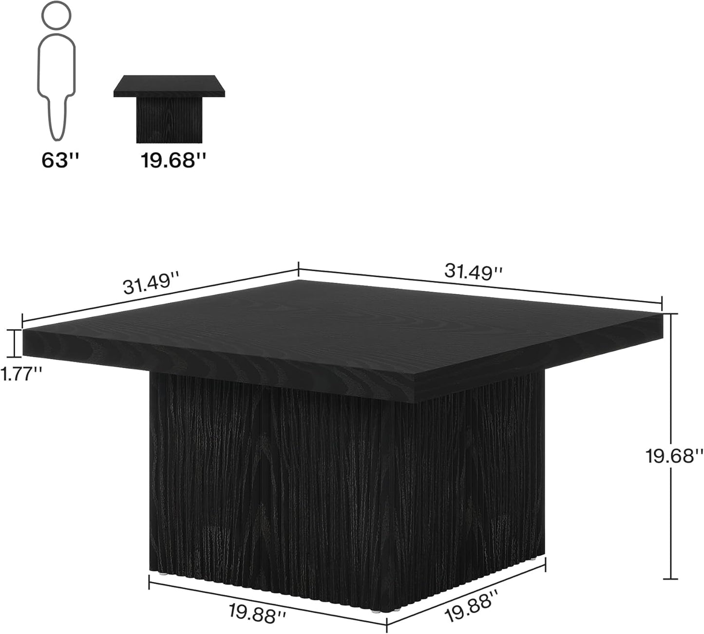 Square Coffee Table, 31.5-Inch Fluted Coffee Table, Mid-Century Modern Living Room Table, Large Cocktail Table for Living Room, Easy Assembly, Black