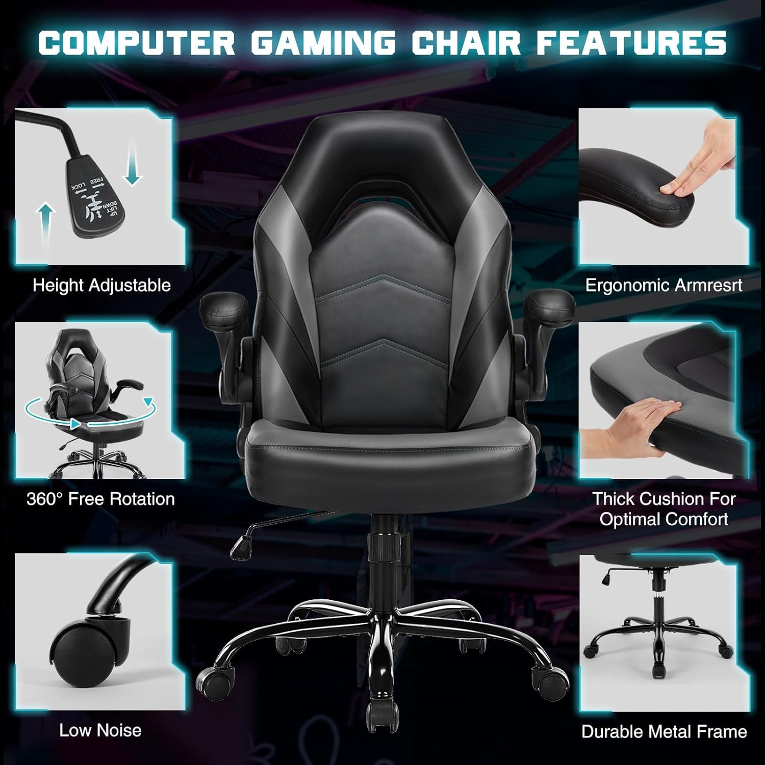 Computer Game Desk Chair - Ergonomic PU Leather Lumbar Support, Height Adjustable High Back Video Game with Flip-Up Armrest, Rolling Swivel for Adults, Deep Grey