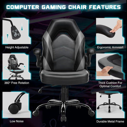 Ergonomic Computer Gaming Chair - Home Office Desk with PU Leather Lumbar Support, Height Adjustable Big and Tall Video Game with Flip-Up Armrest, Swivel Wheels for Adults and Teens