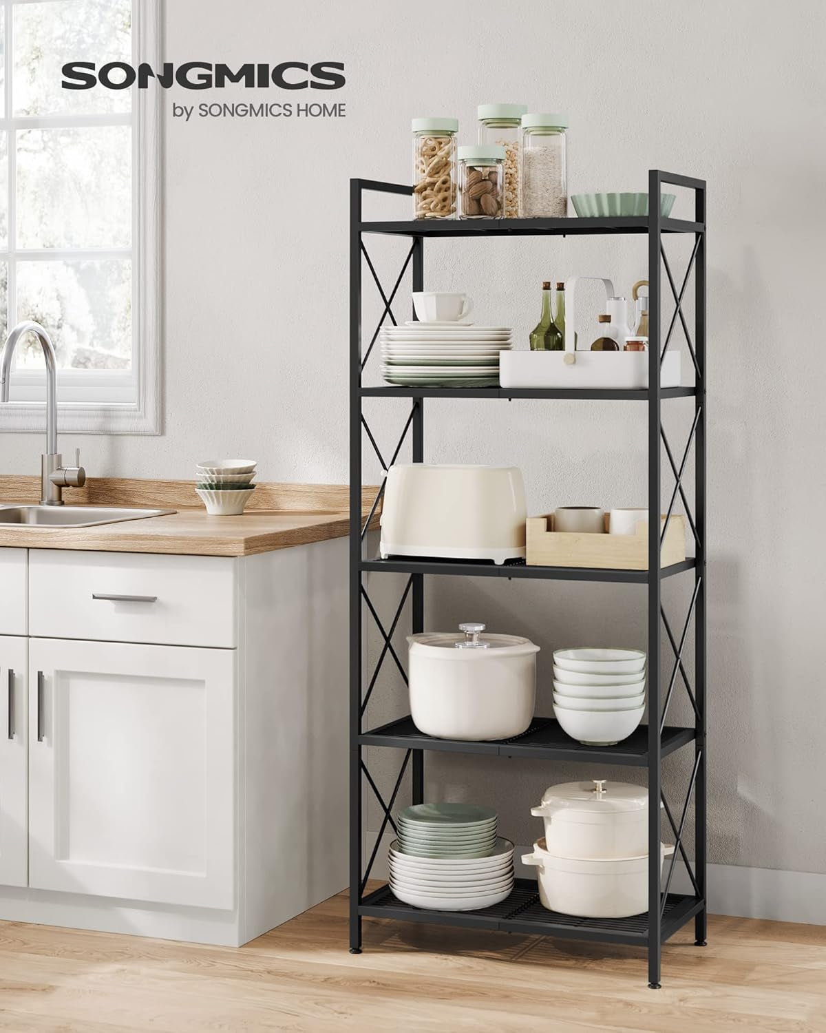 5-Tier Metal Storage Rack, Shelving Unit with X Side Frames, Dense Mesh, 12.6 X 23.6 X 57.3 Inches, for Entryway, Kitchen, Living Room, Bathroom, Industrial Style, Ink Black UBSC165B01