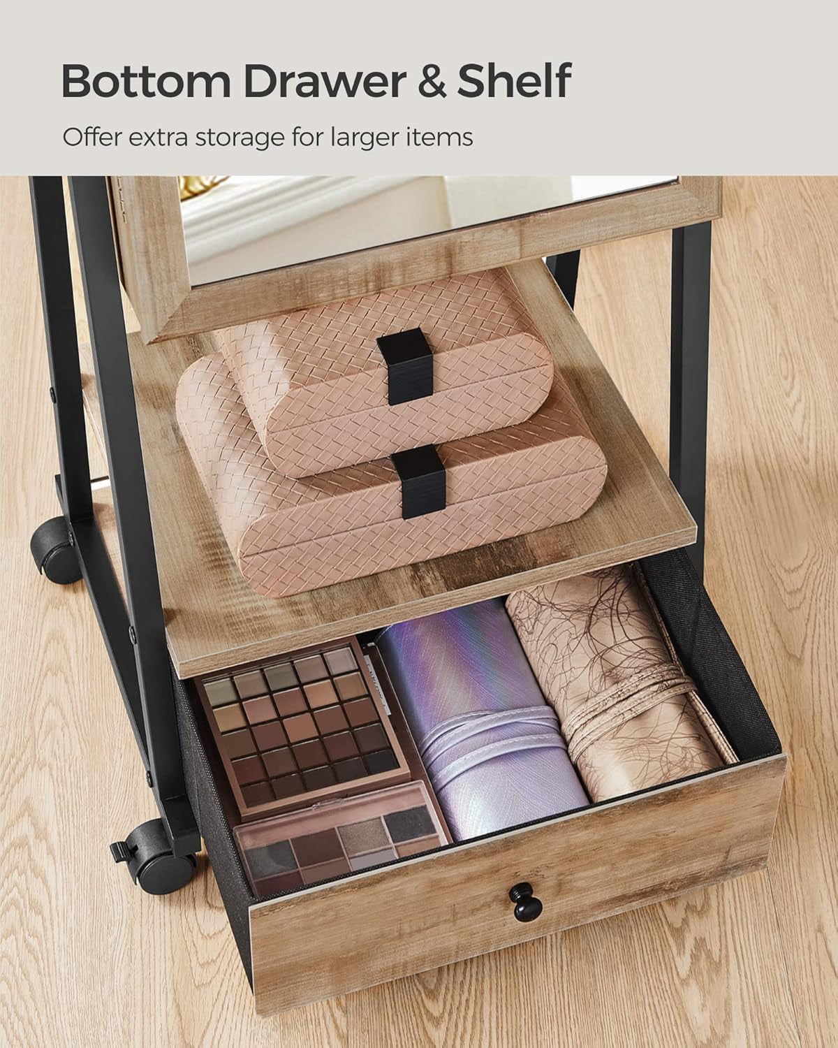 Jewelry Cabinet Floor Standing, Lockable Jewelry Organizer with High Full-Length Mirror, Bottom Drawer, Shelf, Wheels, Jewelry Armoire, Gift Idea, Toasted Oak Color and Black UJJC004N01