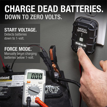 GENIUS1: 1A 6V/12V Smart Battery Charger – Automatic Maintainer, Trickle Charger & Desulfator with Overcharge Protection & Temperature Compensation – for Lead-Acid & Lithium Batteries