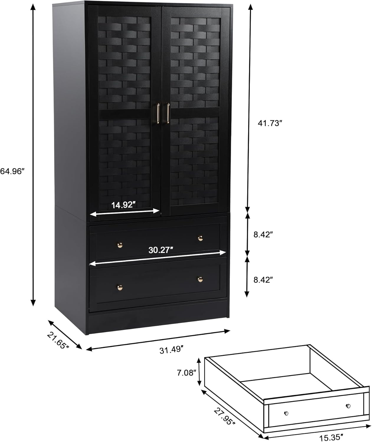 Armoire Wardrobe Closet with 2 Woven Doors, Wardrobe Cabinet with 2 Storage Drawers and Hanging Rail, Freestanding Wooden Closet for Bedroom (Black)