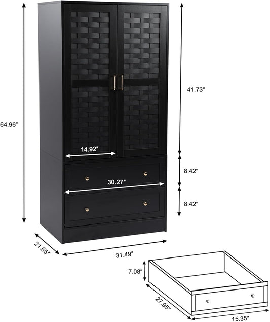 Armoire Wardrobe Closet with 2 Woven Doors, Wardrobe Cabinet with 2 Storage Drawers and Hanging Rail, Freestanding Wooden Closet for Bedroom (Black)