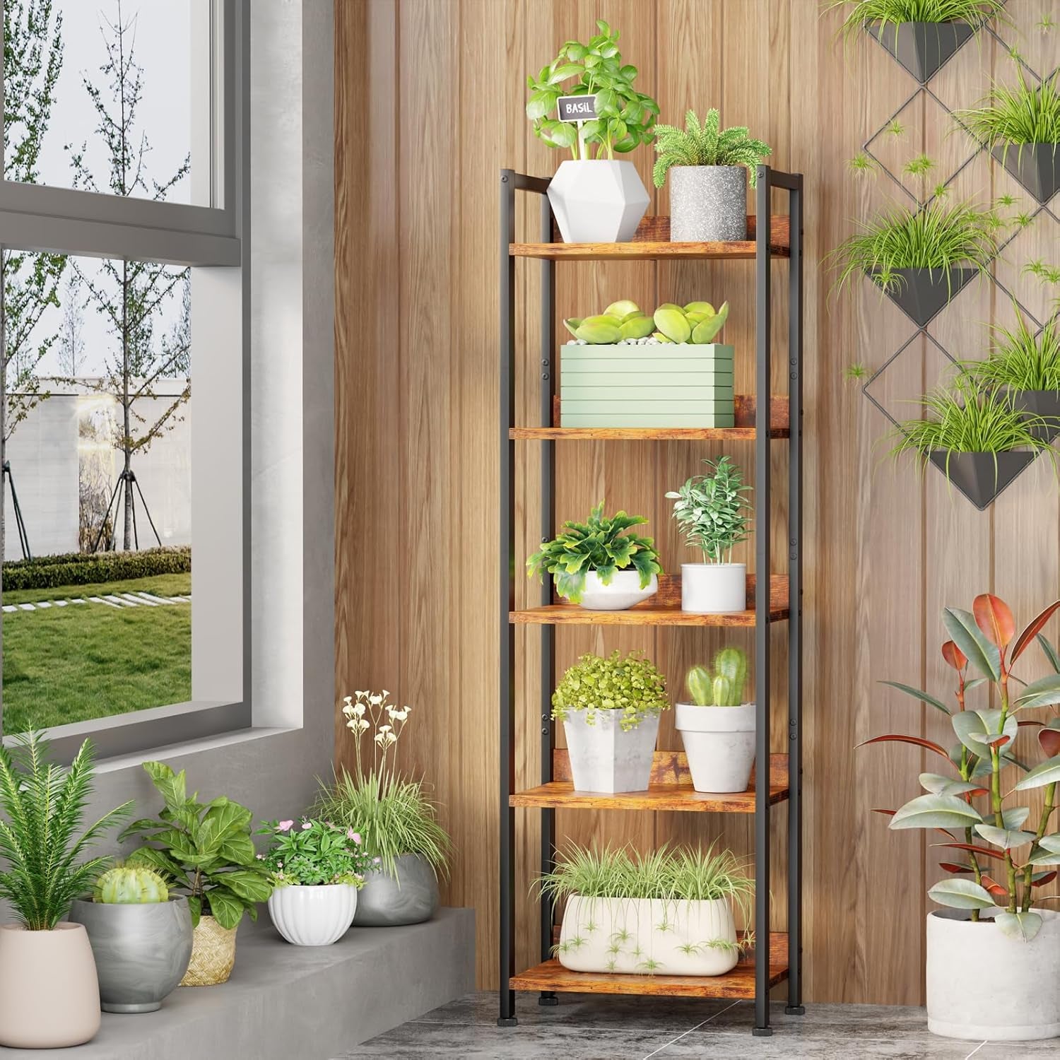 5 Tier Bookshelf with Drawer, Tall Narrow Bookcase with Shelves, Wood and Metal Bookshelves Storage Organizer, Industrial Display Standing Shelf Unit for Bedroom, Living Room, Rustic Brown