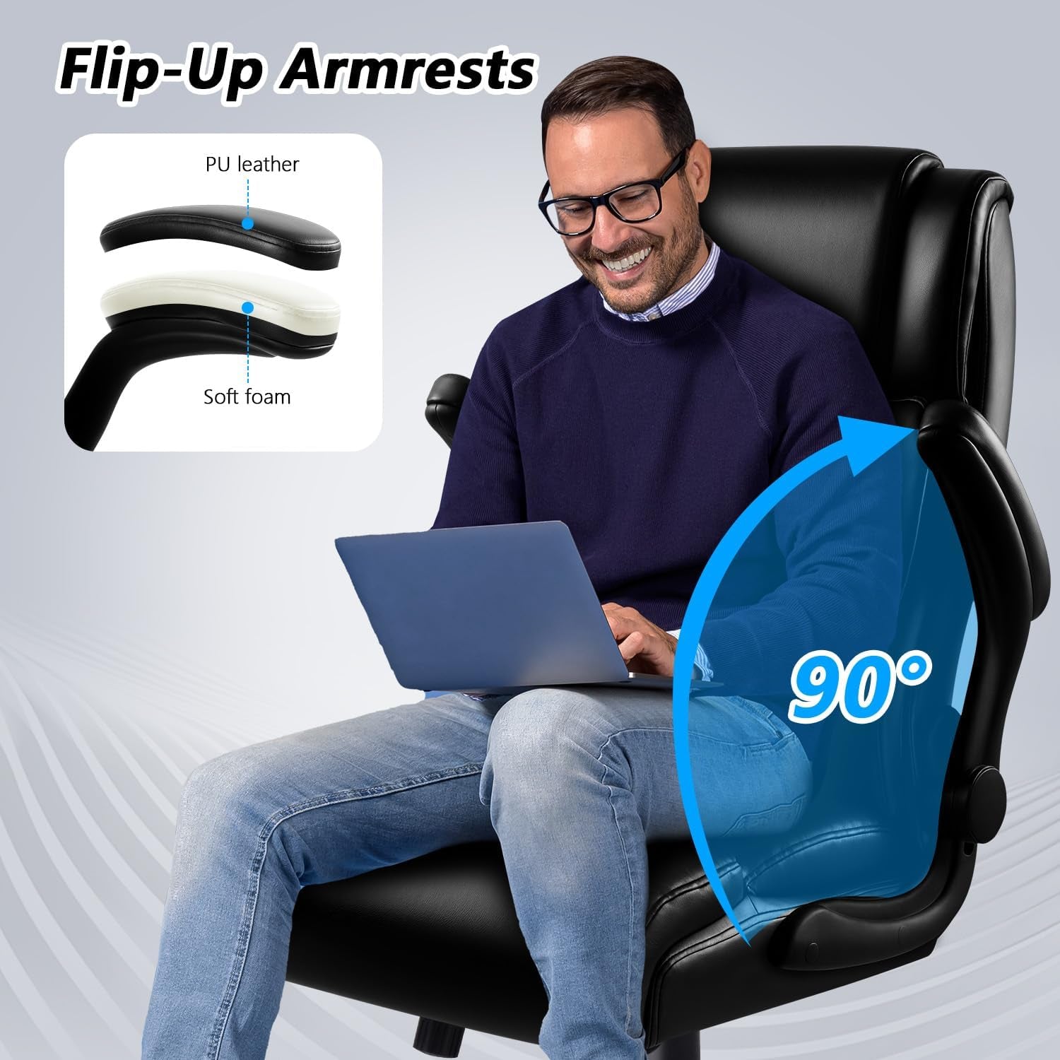 Big and Tall Office Chair, Ergonomic Leather Office Computer Desk Chair, Black Heavy Duty Office Chair with Flip-Up Armrest, Comfortable High Back Home Chair 400 LBS with Lumbar Support