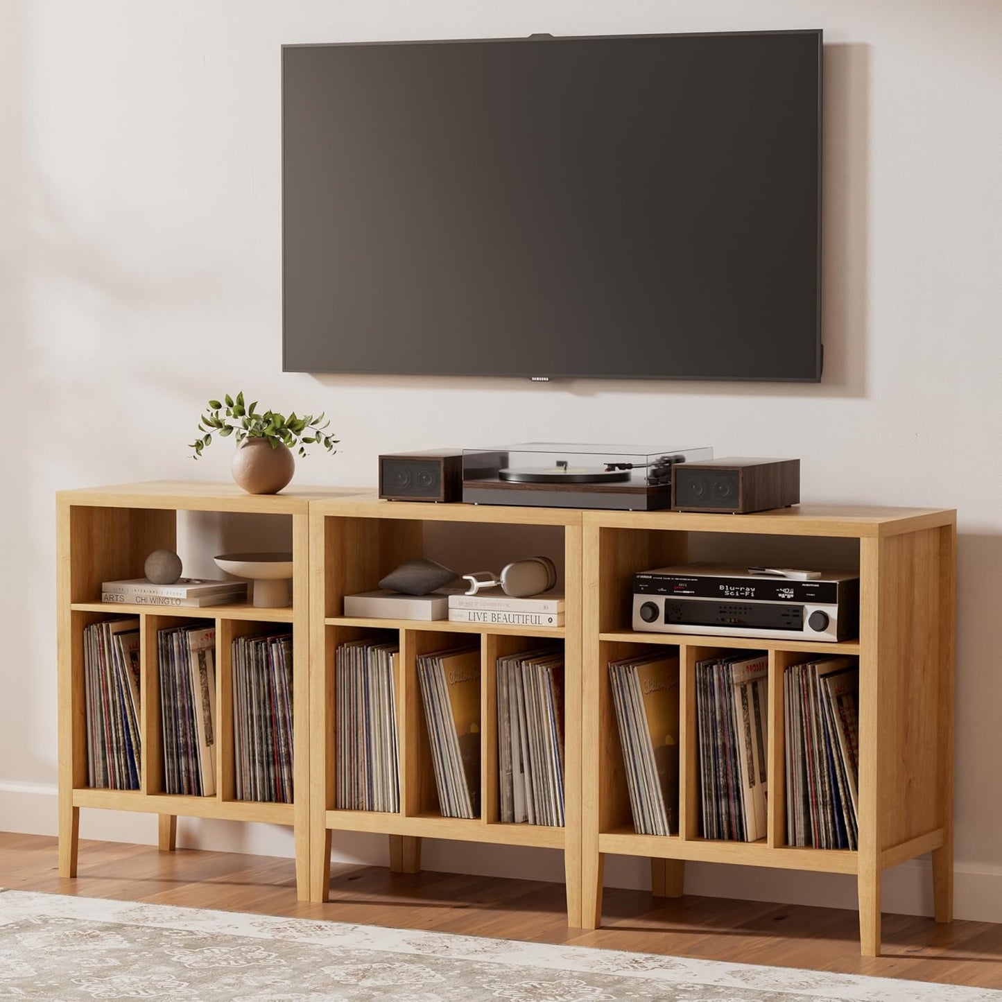 Record Player Stand with Vinyl Record Storage Holds up to 180 Albums, Large Turntable Stand Dispaly Shelf, Farmhouse Wood End Table for Bedroom, Living Room, Natural Oak