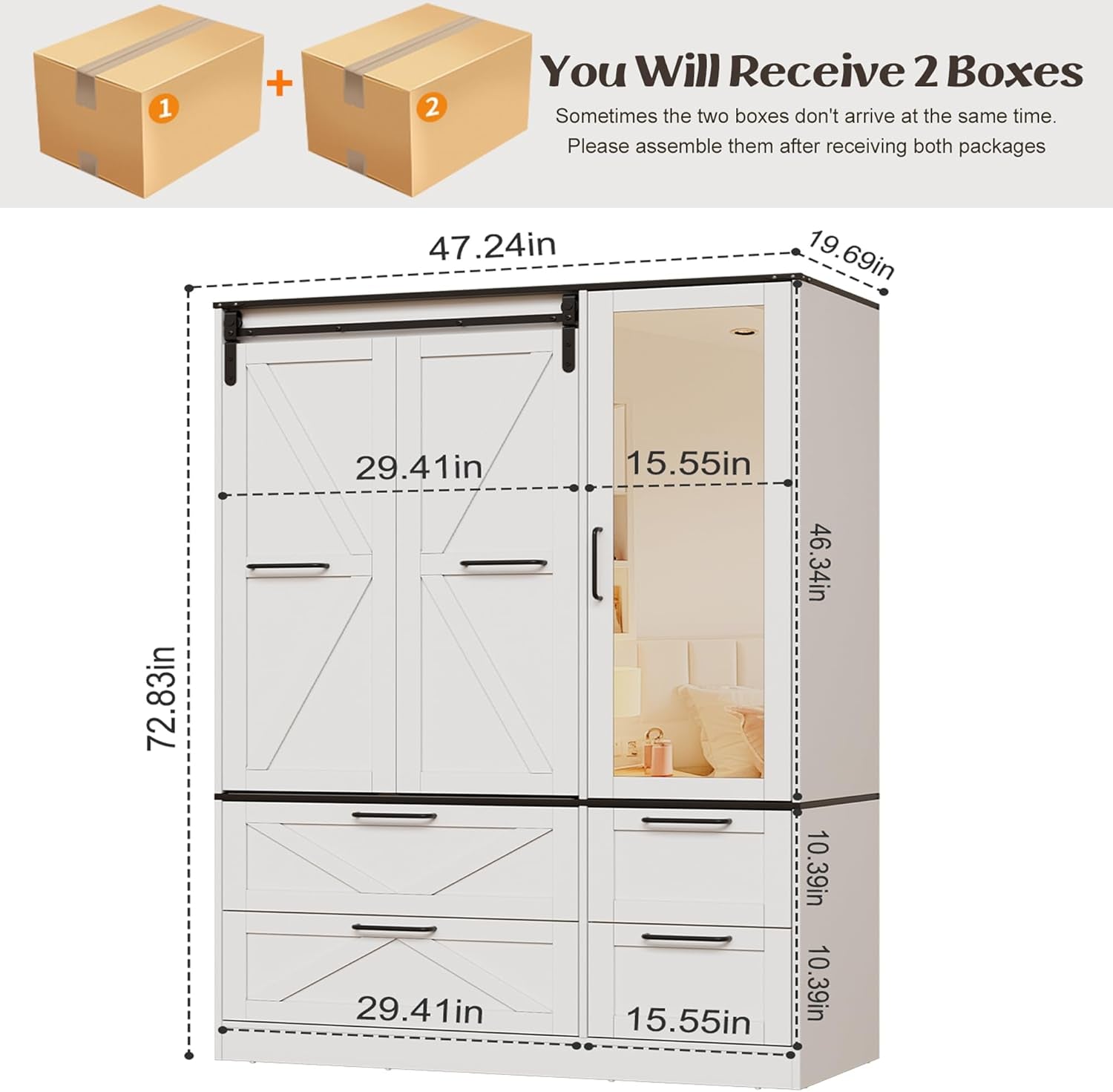 Armoire Wardrobe Closet with W/Folding Sliding Barn Door, Bedroom Armoires with Mirror and Sensor Lights, Hanging Rod, Wardrobe Closet for Bedroom (19.69" D X 47.24" W X 72.83" H)