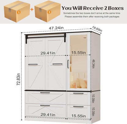 Armoire Wardrobe Closet with W/Folding Sliding Barn Door, Bedroom Armoires with Mirror and Sensor Lights, Hanging Rod, Wardrobe Closet for Bedroom (19.69" D X 47.24" W X 72.83" H)