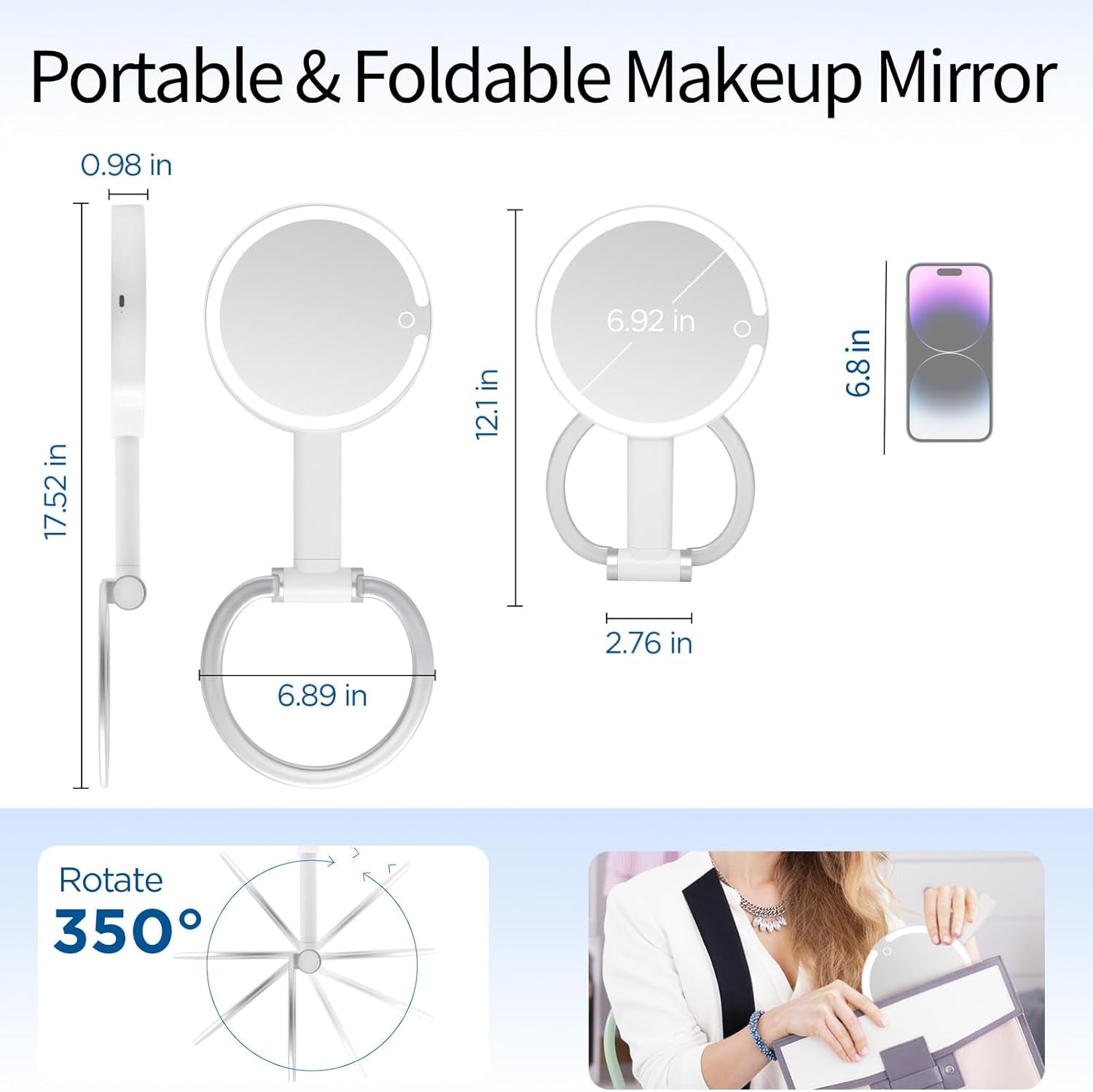 Magnifying Mirror with Light, Makeup Mirror with Lights and Adjustable Brightness, Hanging and Handheld Mirror with Handle, Travel Portable Lighted Makeup Mirror, 360°Rotation, Memory Function 1X/10X