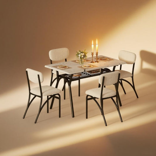 5-Piece Dining Table Set for 4, Modern Kitchen Table with 4 Boucle Chairs, Rectangular Dining Table with Storage Shelf & Marble Tabletop, Beige Home Dining Furniture for Small Space