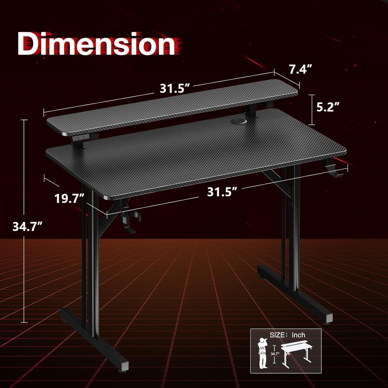 32 Inch Small Gaming Desk with LED Lights, Computer Desk Gaming Table with Monitor Shelf, Gamer Desk with Carbon Fiber Texture, Kids Boys Desk Gift for Men