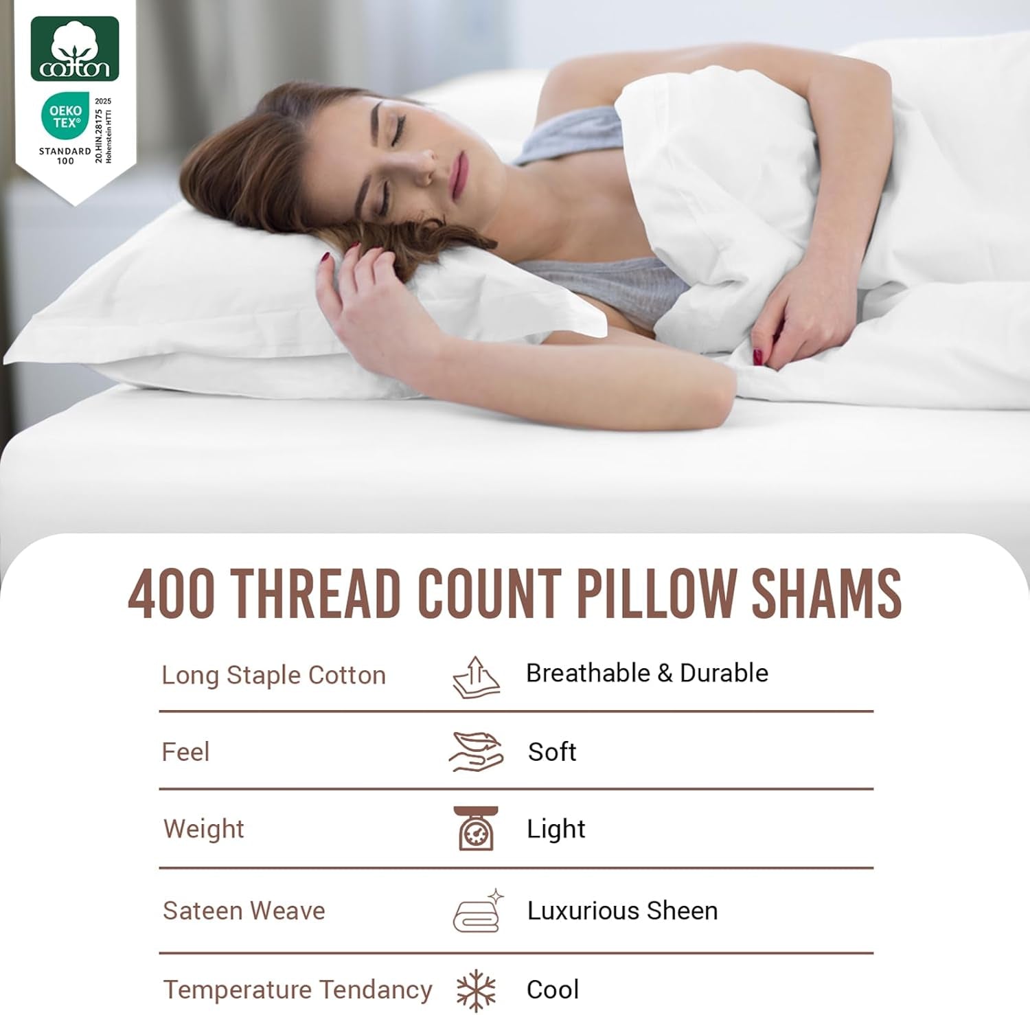 Pure 100% Cotton Pillow Shams King Size Set of 2 White, Luxurious 400 Thread Count Long Staple Cotton Sateen with Envelope Closure (Combed White Cotton Pillow Shams King)