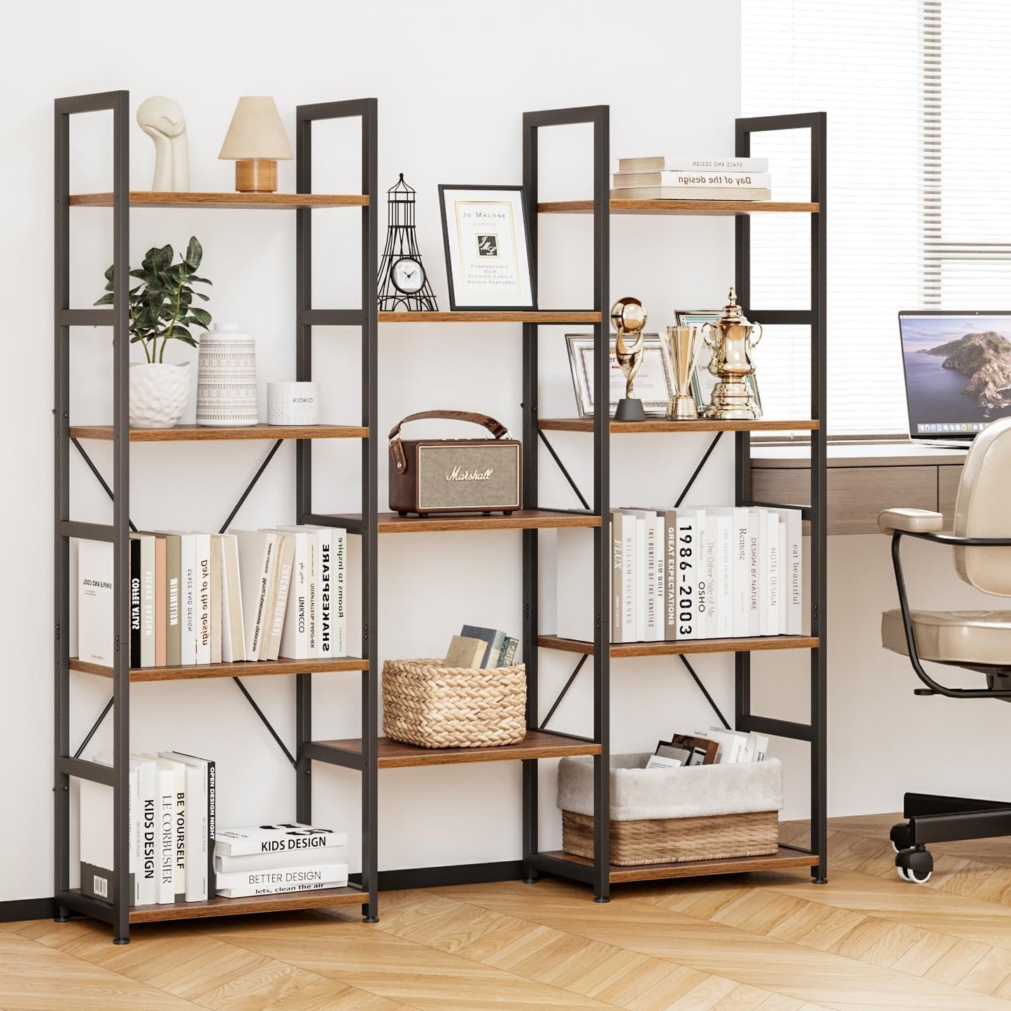 Triple Column 4 Tier Bookshelf, Bookcase with 11 Open Display Shelves, Adjustable Rustic Industrial Style Book Shelves, Modern Bookshelves for Bedroom, Living Room and Home Office, Vintage