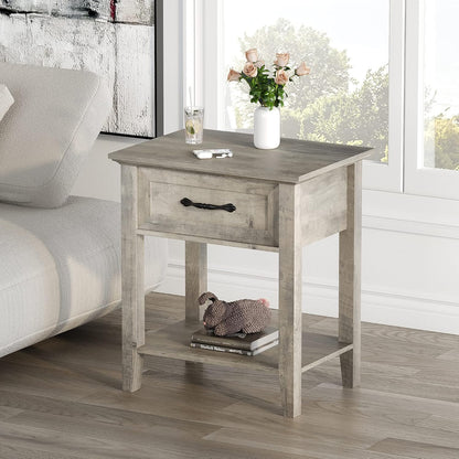 Grey Nightstands Set of 2, End Table with Drawer, Side Table for Spaces, 2 Tiers Storage Shelves with Dresser, Bedside Table for Living Room, Bedroom, Dorm (2Pcs-Grey)