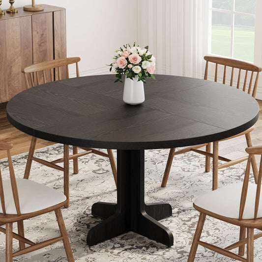 round Dining Table for 4, 47 Inches Dining Room Table with Wooden Base, Circle Kitchen Dinner Table for Dining Room, Kitchen, Living Room (Table Only), Black