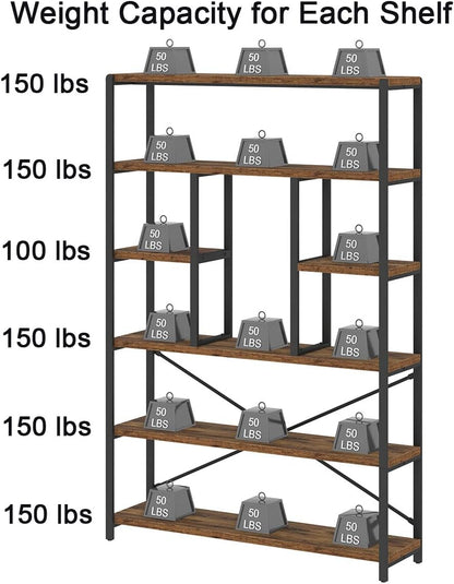 Rustic Bookcases and Book Shelves, Metal Wood 6 Tier Bookshelf and Book Rack Storage, Industrial Vertical Display Etagere Book Case 6 Shelf, Vintage Large Book Shelf for Bedroom Living Room, Brown
