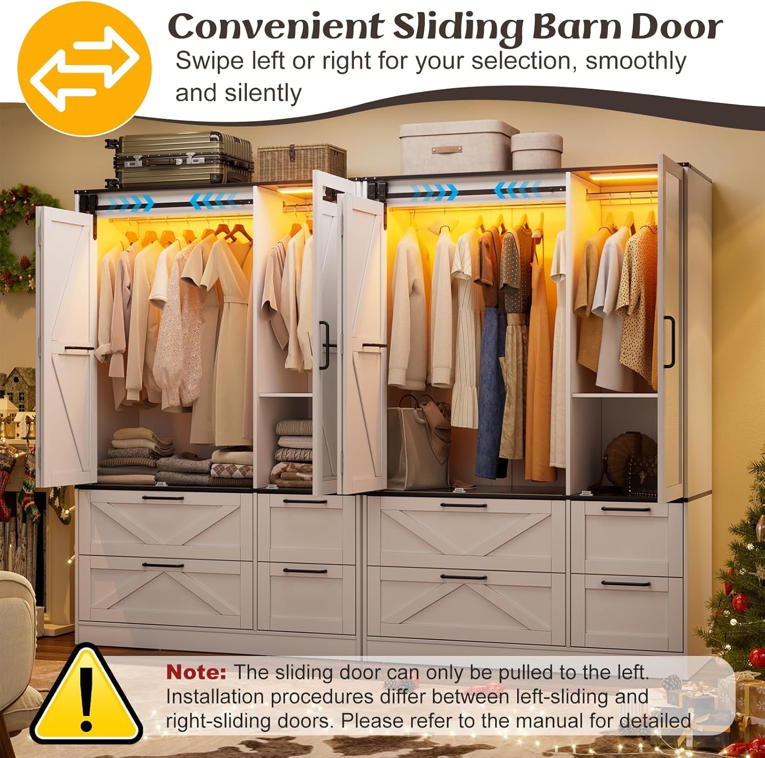 Armoire Wardrobe Closet with W/Folding Sliding Barn Door, Bedroom Armoires with Mirror and Sensor Lights, Hanging Rod, Wardrobe Closet for Bedroom (19.69" D X 47.24" W X 72.83" H)