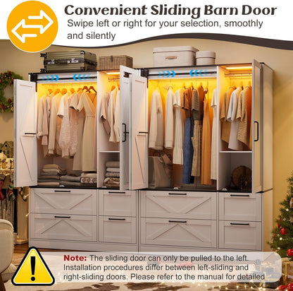 Armoire Wardrobe Closet with W/Folding Sliding Barn Door, Bedroom Armoires with Mirror and Sensor Lights, Hanging Rod, Wardrobe Closet for Bedroom (19.69" D X 47.24" W X 72.83" H)