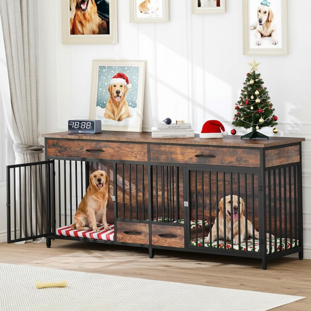 91.3" Double Dog Crate Furniture with Dog Feeder, Heavy Duty Indoor Dog Kennel TV Stand with Drawers, Sturdy Dog Kennel with Divider for 2 Medium Large Dogs, Brown
