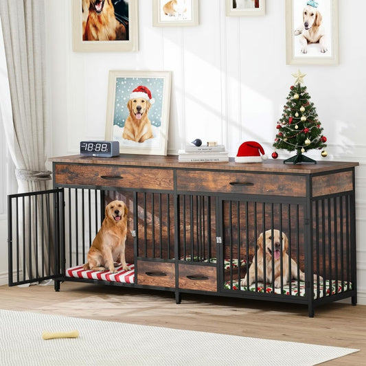 91.3" Double Dog Crate Furniture with Dog Feeder, Heavy Duty Indoor Dog Kennel TV Stand with Drawers, Sturdy Dog Kennel with Divider for 2 Medium Large Dogs, Brown