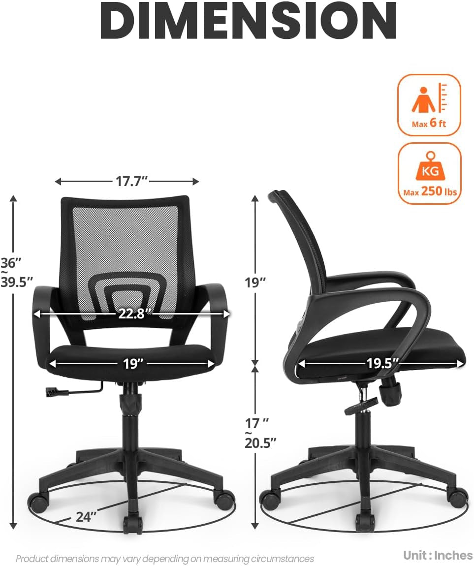 Office Desk Computer Chair Ergonomic Mesh Gaming Mid Back Seat with Comfy Lumbar Support Adjustable Height Swivel for Home Task (Black)
