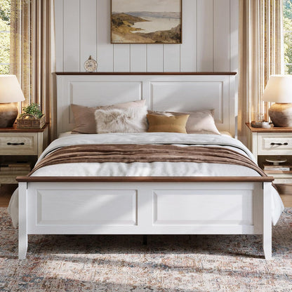 Farmhouse Bed Frame, Full Bedframe with Headboard and Footboard, Wooden Bed Frame with Solid Wood Slats, Rustic White Platform Bed Frames Full Size, No Box Spring Needed