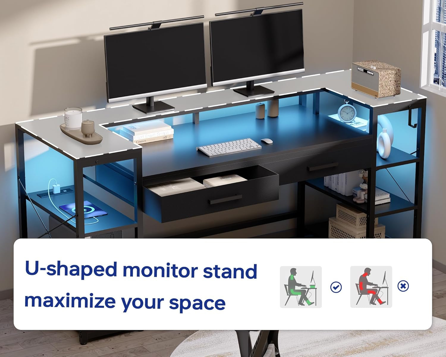 58 Inch Computer Desk with Monitor Stand and Shelves Gaming Desk with LED Lights & Power Outlets PC Vanity Table with 2 Drawers for Home Office White