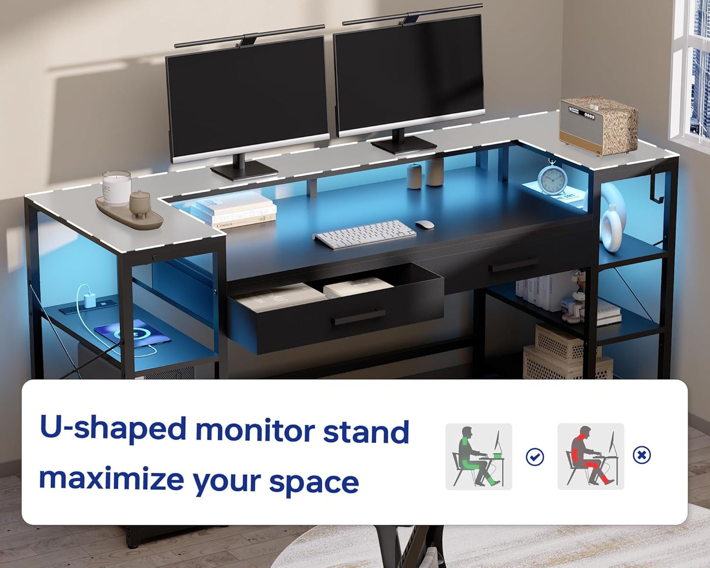 58 Inch Computer Desk with Monitor Stand and Shelves Gaming Desk with LED Lights & Power Outlets PC Vanity Table with 2 Drawers for Home Office Pink
