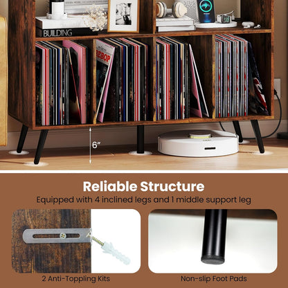 Large Record Player Stand with Charging Station, Turntable Stand Holds up to 450 Albums, Record Player Table with Raised Leg, Vinyl Record Storage for Living Room (Rustic Brown)