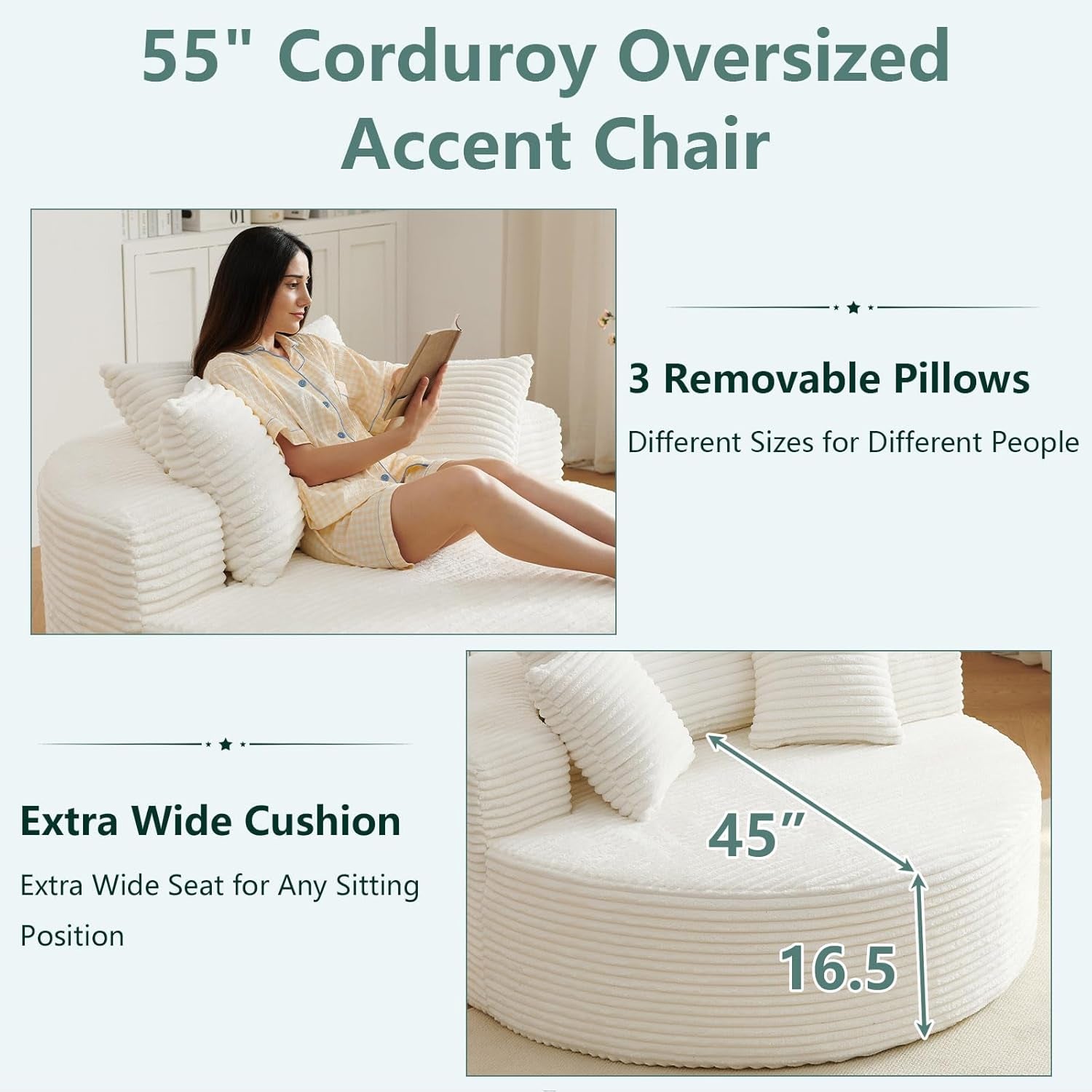 55'' Oversized round Cloud Chair,Fluffy Corduroy Lounge Chaise Indoor and Sleeper Sofa Bed with Deep Seat,Upholstered for Comfort in Reading,Living Room & Bedroom,No Assembly Required,White