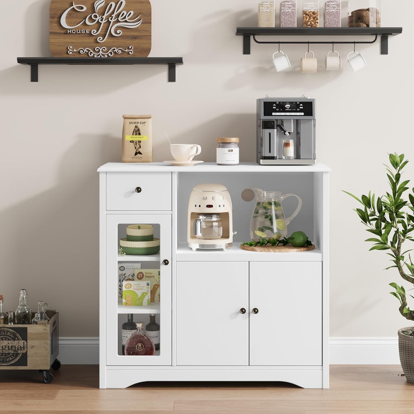 Microwave Cabinet, Kitchen Storage Cabinet with 3 Doors and 1 Drawer, Buffet Sideboard with Adjustable Shelves, Microwave Stand for Kitchen, Dining Room, White